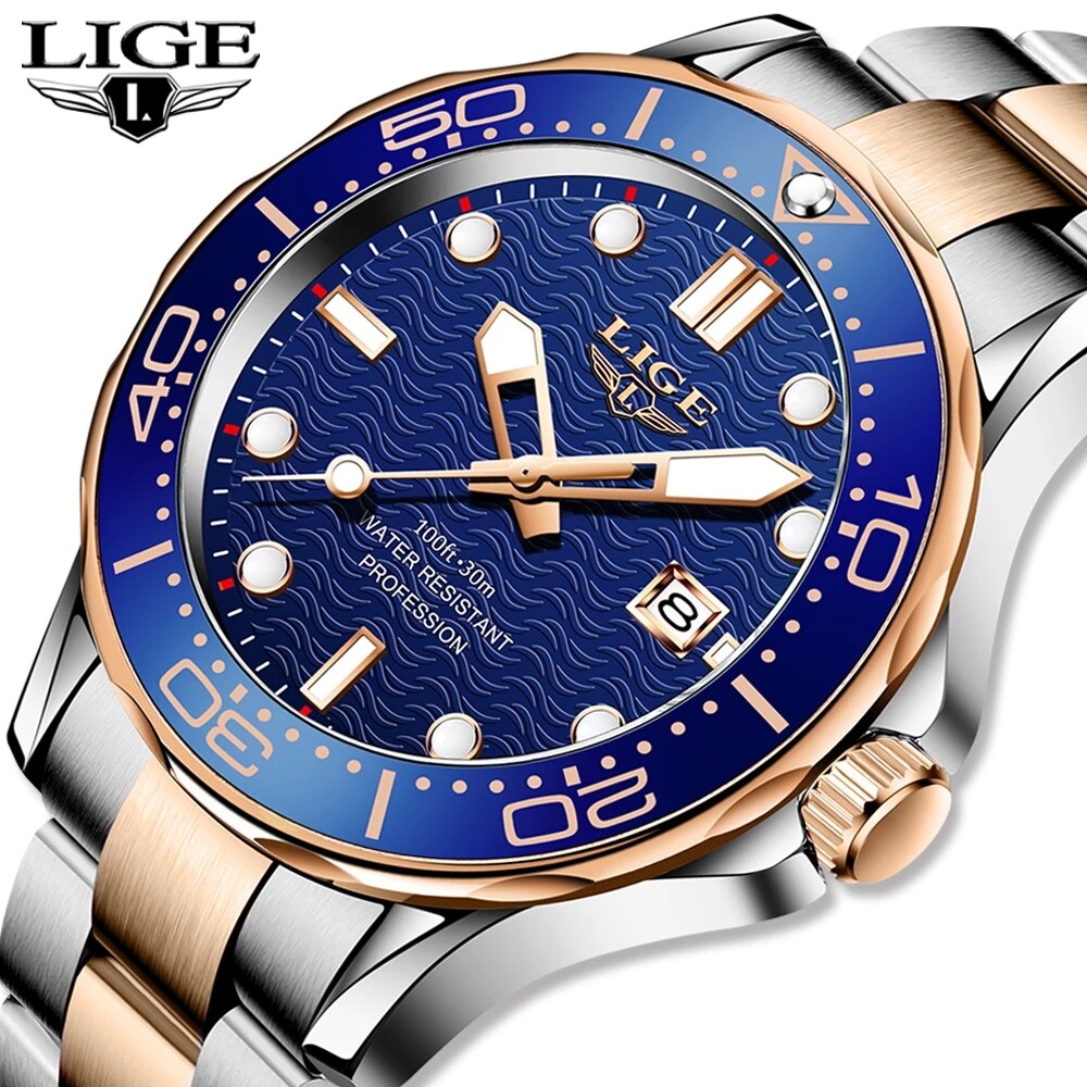 LIGE Sport Diver Watches For Men Stainless Steel Waterproof Date Clocks Men Watch Military Quartz Watch + Box