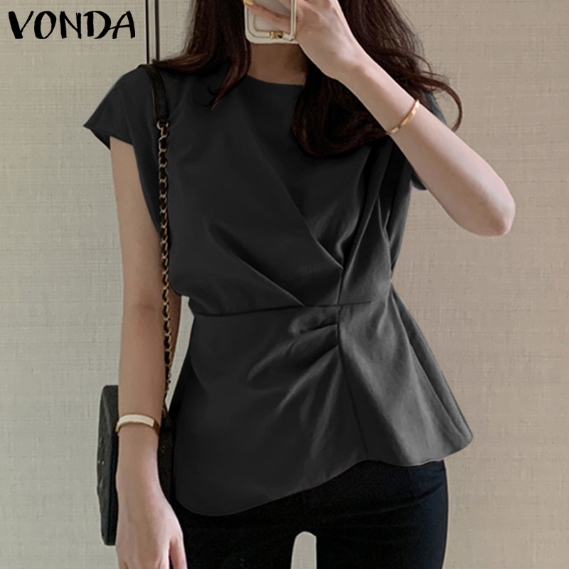 VONDA Women Summer Sleeveless Solid Color Blouse T-shirts Casual Pleated Tank Tops Vests (Korean Causal)