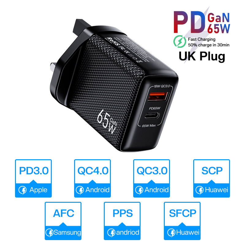 TOPZERO 65W GAN Charger Dual Ports Quick Charge 4.0 3.0 PD 3.0 UBS-C Type C Fast Charging Hub For Huawei Samsung OPPO Phone iPhone 14 Pro Max Laptop Tablet Mobile Phone