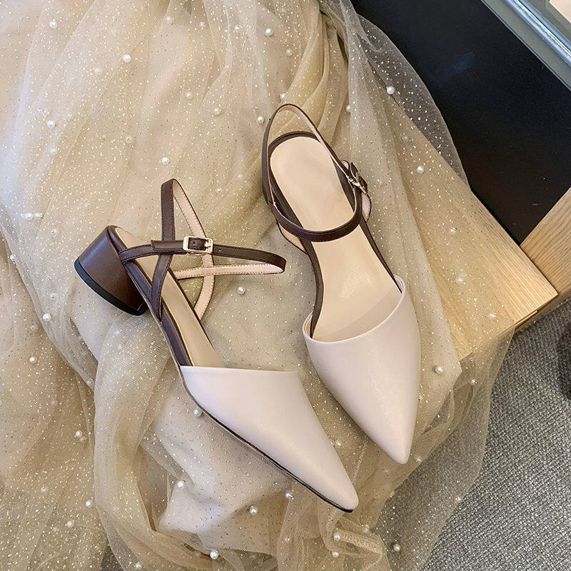 Pointed Slotted Buckle Sandals with Thick Heels