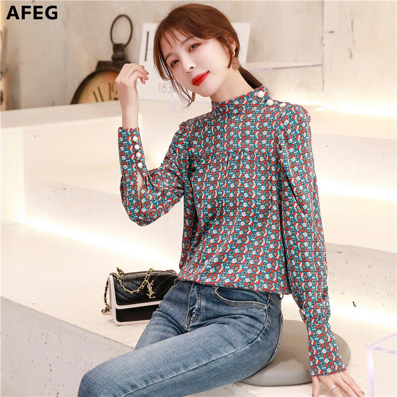 AFEG new Korean Women long sleeve retro print casual fashion wild temperament elegant blouses