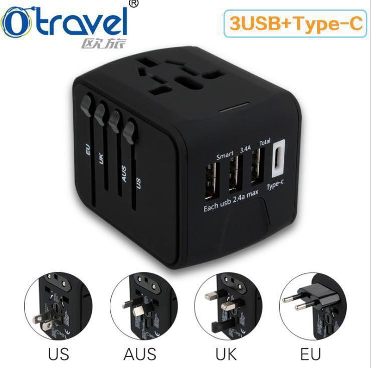 [SG Seller] [ORIGINAL] OTRAVEL International Power Adapter Travel Plug Adapter with High Speed 3 USB and Type-C for UK,US,AU,Europe,Asia All in One for iPhone, Android, All USB Devices