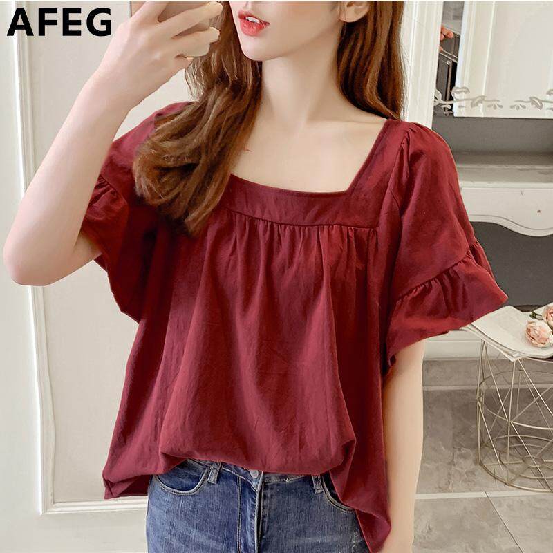 AFEG new Korean women's short-sleeved loose square collar solid color casual fashion wild temperament blouse