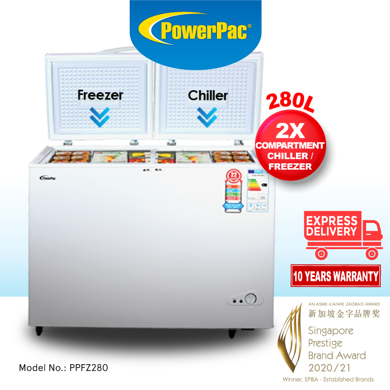 PowerPac 2 Door Chest Freezer CFC Free, Chiller & Freezer 280L  (PPFZ280)