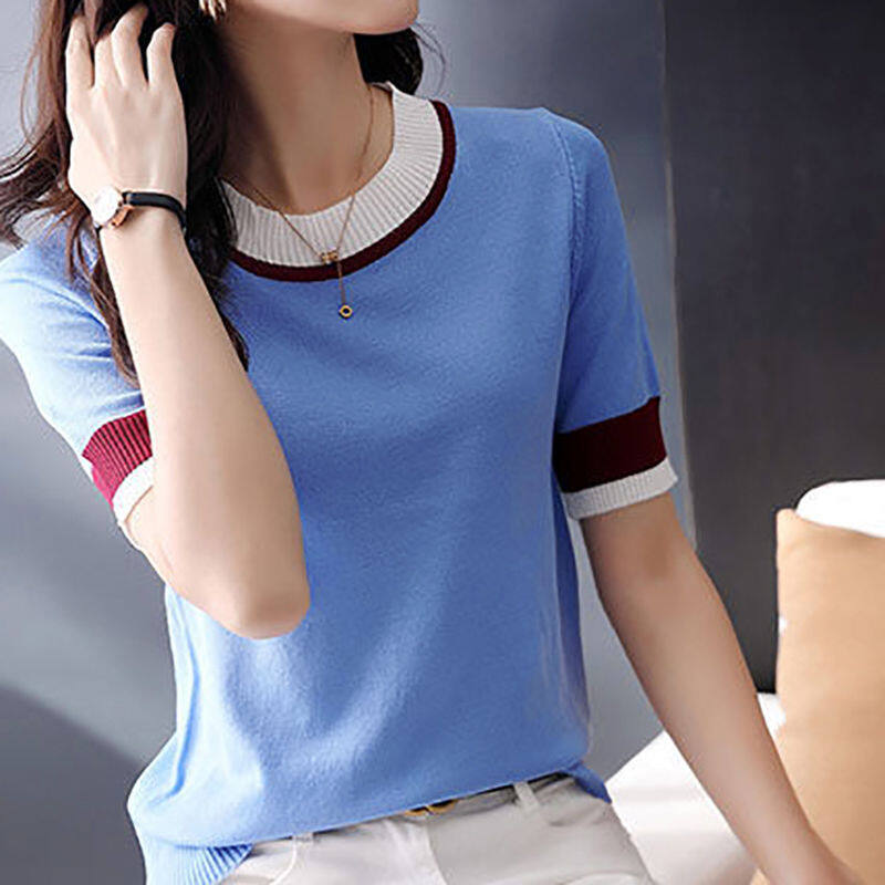 Women's T-Shirt 2022 Summer Korean Style Short Sleeve Knit Top Solid Color Slim Fit T-Shirt Top