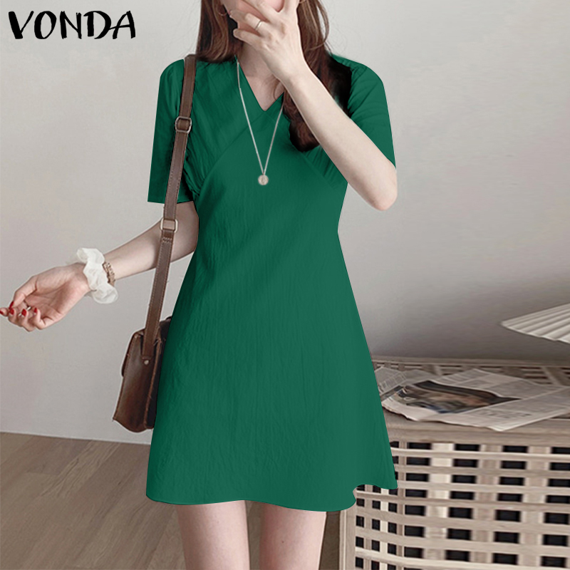 VONDA Women Casual Short Sleeve V Neck Holiday Plain Dress Fashion Pleated Party Short Dresses (Korean Causal)