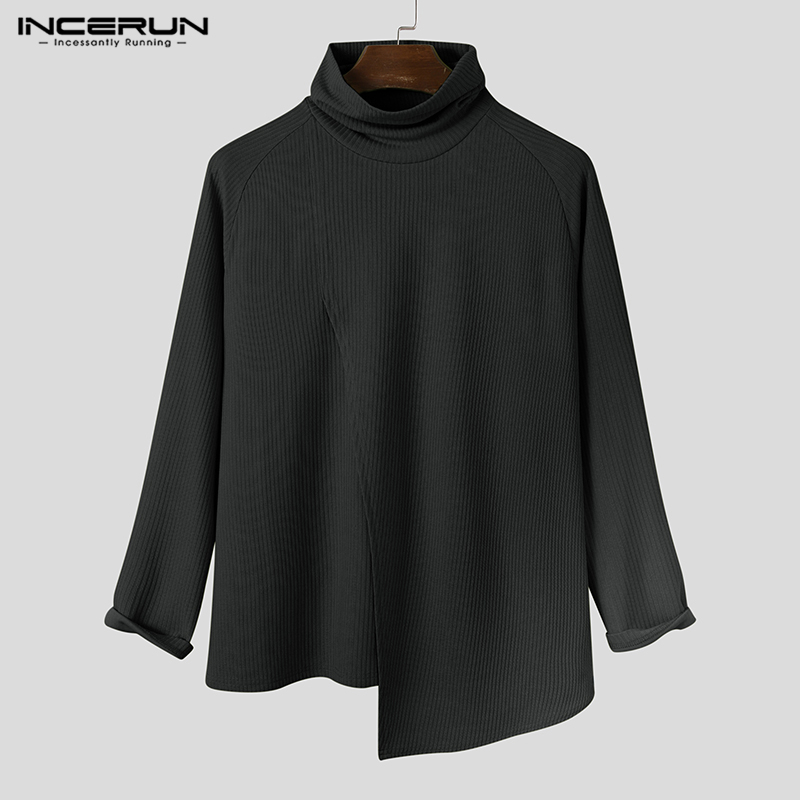 [Perfectly] INCERUN Men's Fashion Versatile Turtleneck Irregular Patchwork Long Sleeve Sweater (Casual Wear)#3