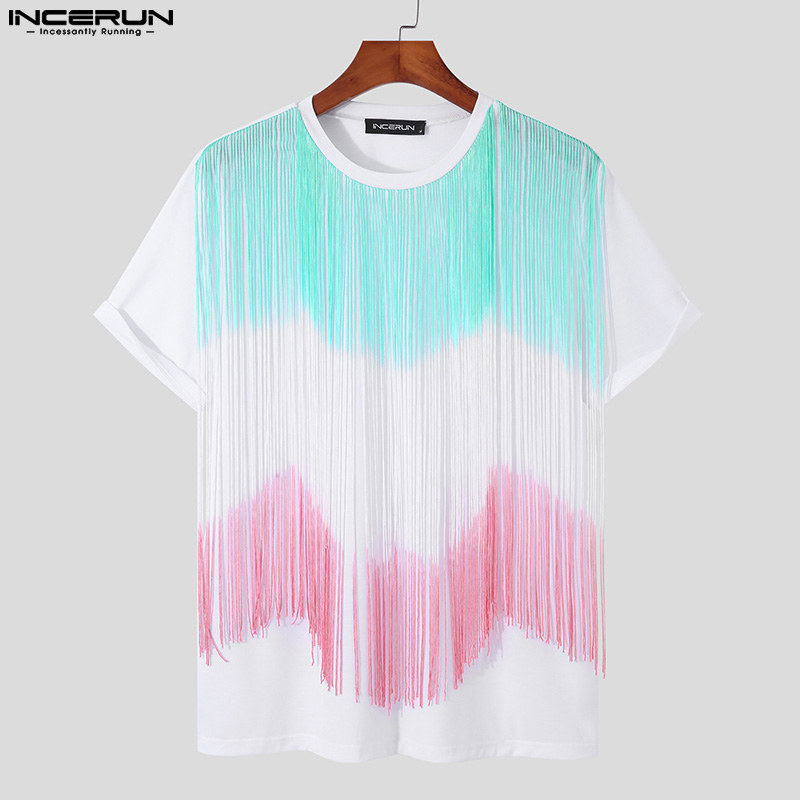 INCERUN Mens Short Sleeve Tassel Front T Shirts Casual Holiday Blouse Tops Tees (Casual Wear) #3