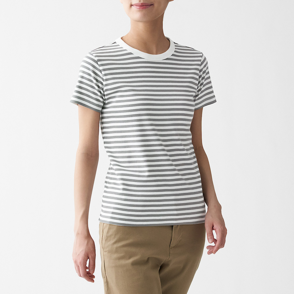 MUJI Sweat Protection Rib Knit Crew Neck Stripe Short Sleeve T-Shirt