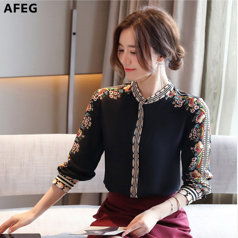 AFEG new Korean women's long-sleeved stand-up collar retro printing casual fashion all-match elegant temperament blouse