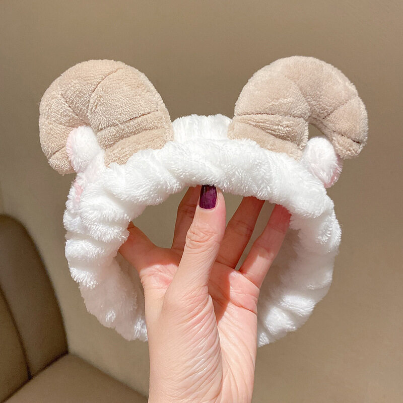 Soft Plush Wide Women Headband Lovely Sheep Horn Elastic Hairband Girls Wash Face Make Up Cute Hair Accessories