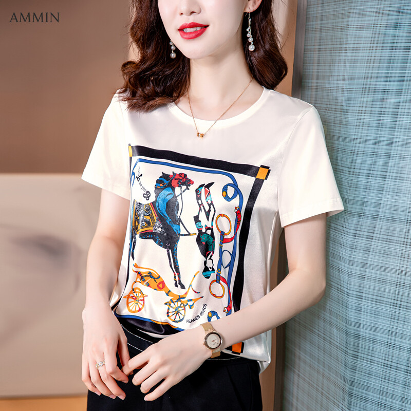 AMMIN 2021 new silk T-shirt women loose short sleeves unique positioning printing white round neck top blouse