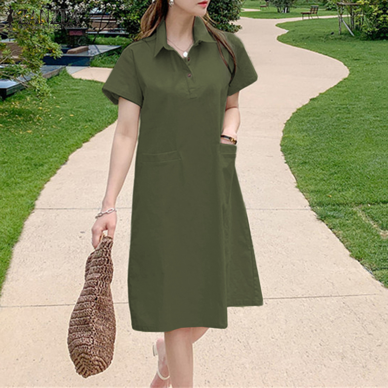 ZANZEA Korean Style Womens Casual Outing Holiday Dress Short Sleeve Plain Mini Shirt Dresses