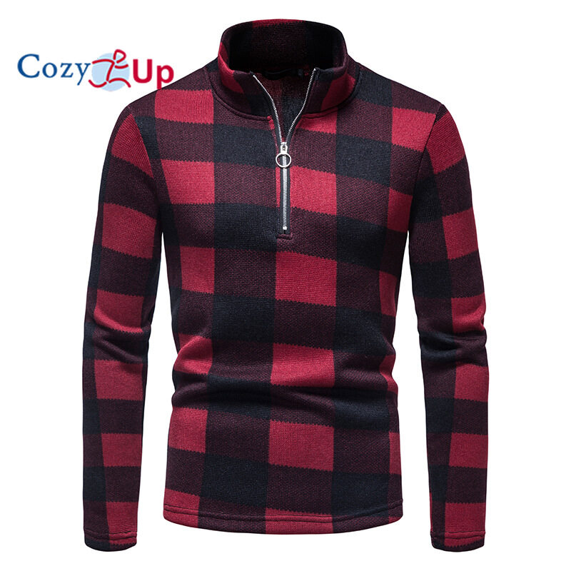 Cozy Up Men Sweater Fashion Zipper Decoration Plaid Batik Casual Stand Collar Pullover