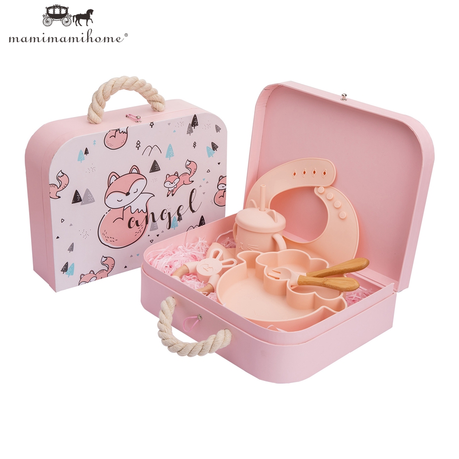 Mamimami Home Baby Feeding Set 6pcs 100% Soft Silicone Bib,Sippy Cup,Suction Plate with Box Best Kids Gift