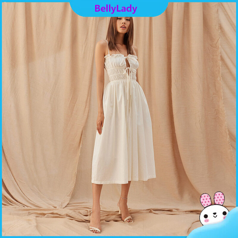 Women Suspender Dress Sexy Lace-up Hollowed-out Midi Skirt Fashion Solid Color High Waist Ruffled Dress