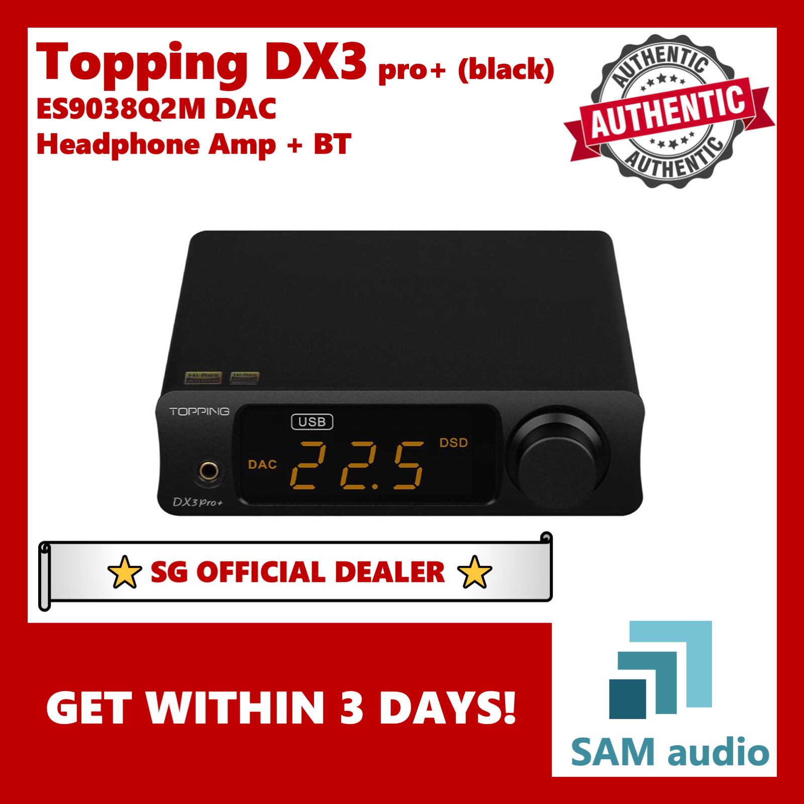 [?SG] TOPPING DX3 Pro+ , ES9038Q2M DAC, NFCA Headphone Amplifier, 250mW into 300ohm, Hi-Res Wireless QCC5125 BT, Hifi Audio (DX3PRO+)