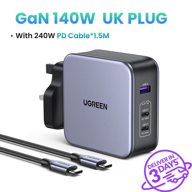 UGREEN 140W GaN Fast Charger 3-Ports 2C1A 2 Type C 1 USB A Charger PD Wall Charger Power Adapter For MacBook Pro/Air, Samsung 45W Galaxy S22/S21, Dell XPS iPhone 14 13 Pro Max iPhone 14 Plus iPhone 12