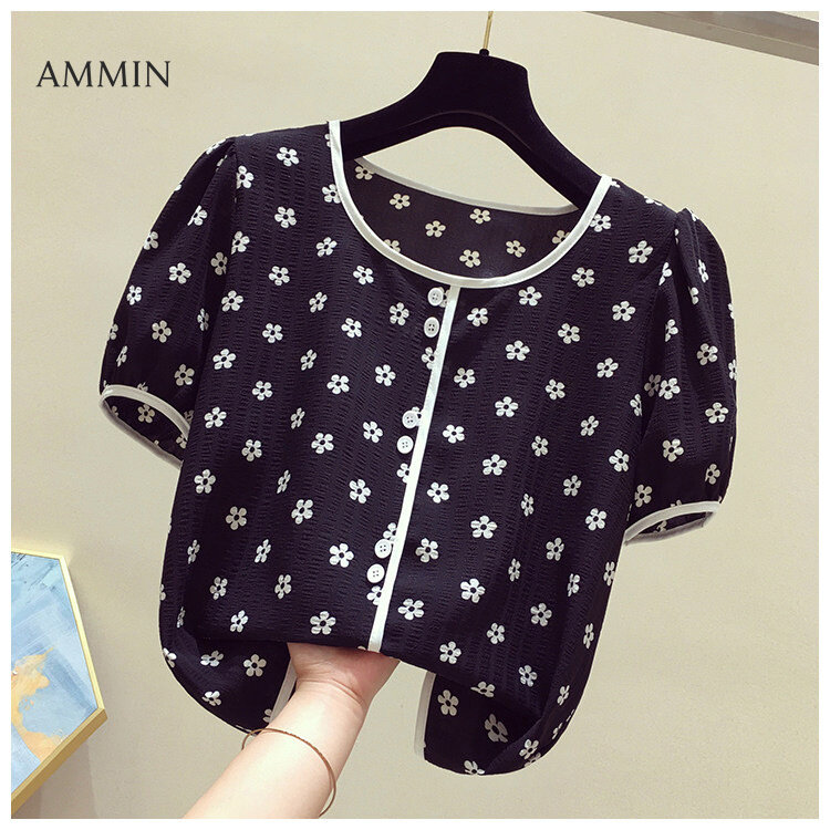 AMMIN Tops women's round neck small daisy print short-sleeved chiffon shirt 2021 new summer French elegant and sweet temperament short puff sleeve button embellished versatile women's blouse