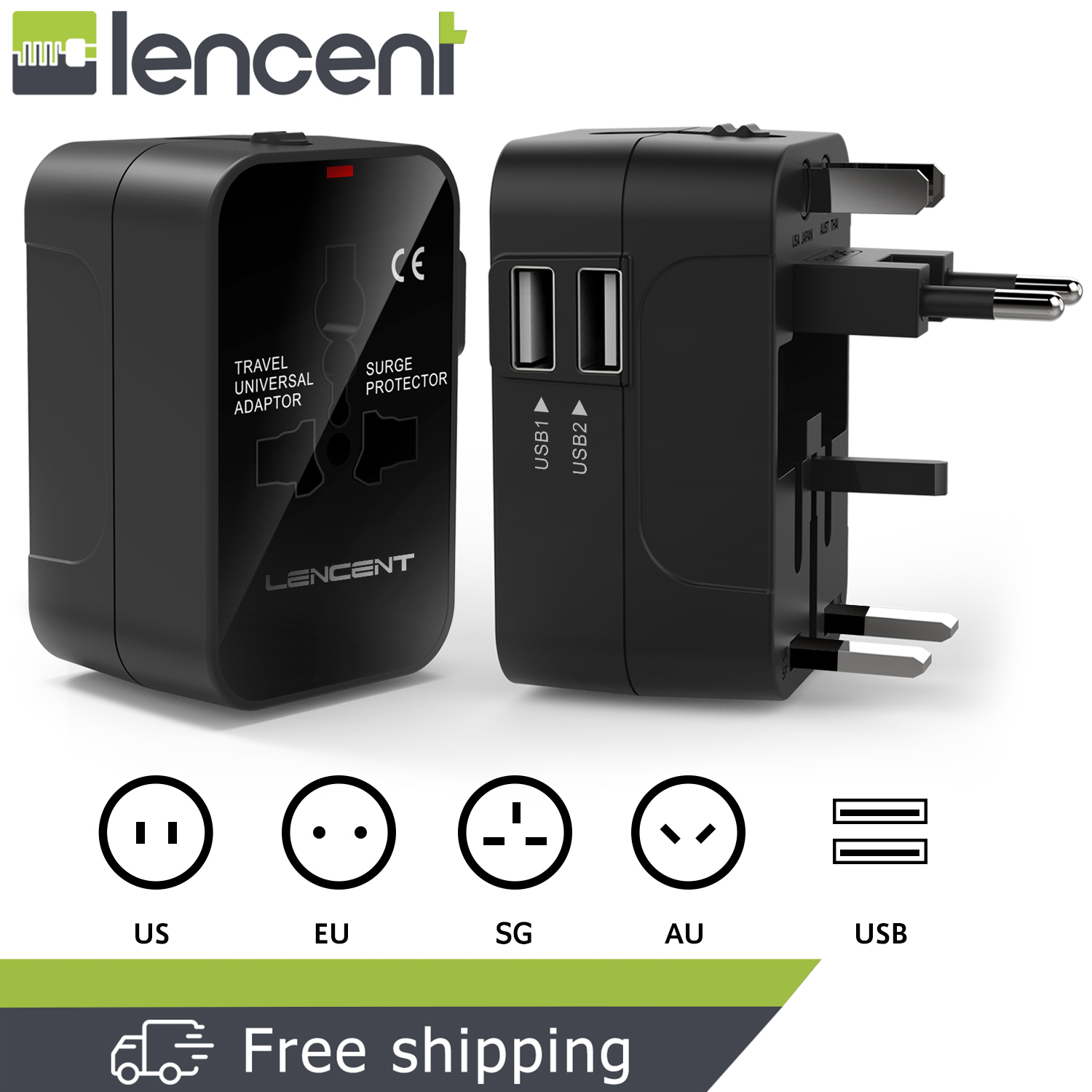 LENCENT Universal Travel Adapter Power Adapter with Singapore/USA/EU/AUS Worldwide Travel Plug 2 USB Charging Ports International Wall Adapter for iPhone iPad Android Phones Tablets and More Multi Plu