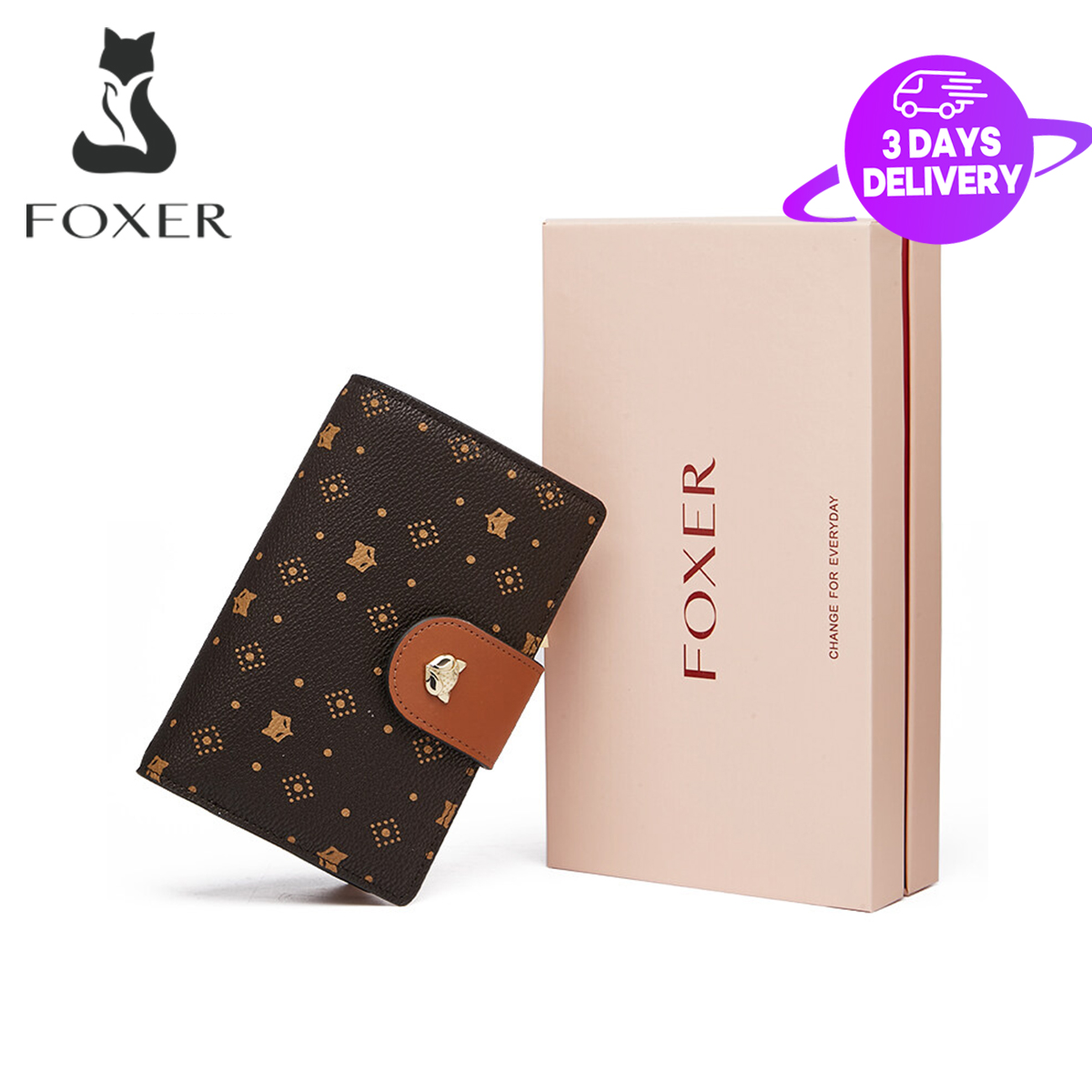 FOXER Women PVC Signature Wallet Purse Embossing Female Short Wallet Ladies Card Holder Fashion Coin Bag