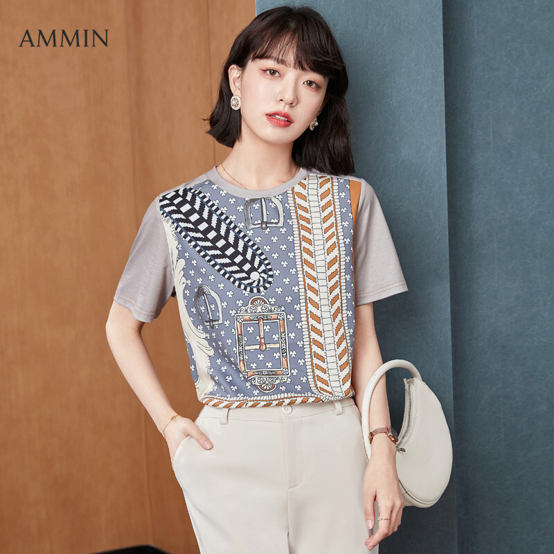 AMMIN 2021 summer new style retro western-style printed silk stitching round neck fashion all-match blouse women's Korean short-sleeved simple and elegant t-shirt ins hot tops