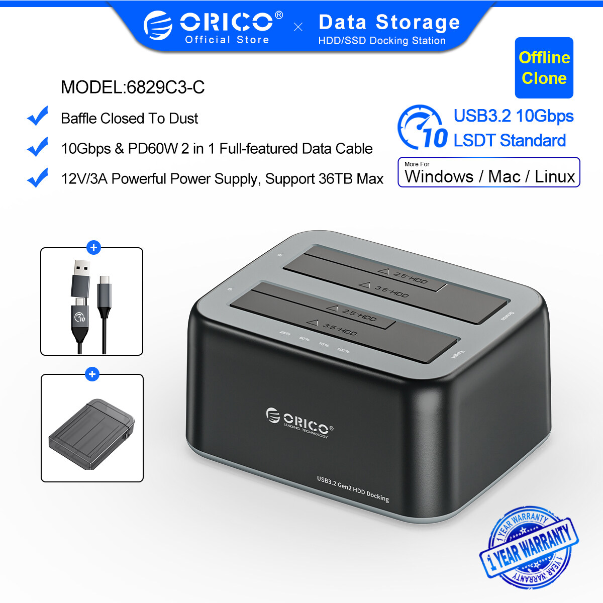 ORICO Clone 2.5 3.5 inch Hard Drive Docking Station 2 Bay USB3.0 to SATA HDD Case Support UASP 16TB HDD Enclosure Black(6629US3-C-V1)