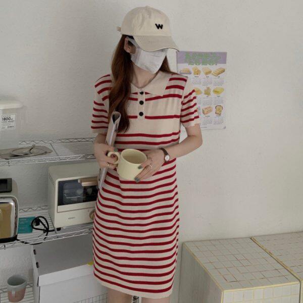 Missliu Fashion Korean Summer New Style Loose Casual Polo Collar Short-sleeved T-shirt Skirt Straight Fashion Striped Dress