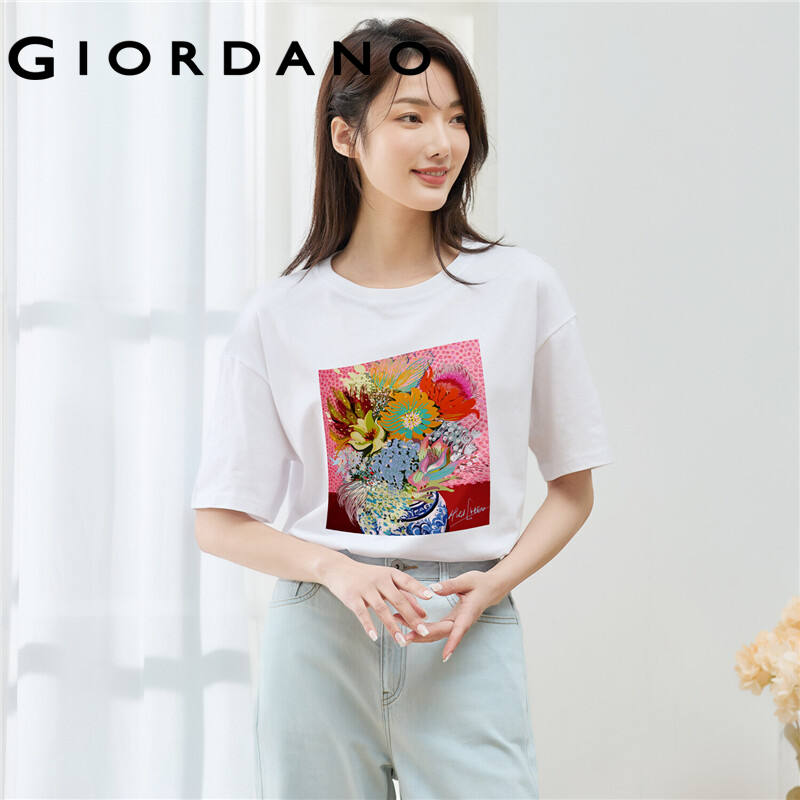 GIORDANO ChenHui Series Women T-Shirts 100% Cotton Printed Graphic T-Shirts Crewneck Simple Basic Summer Comfy T-Shirts 99391179