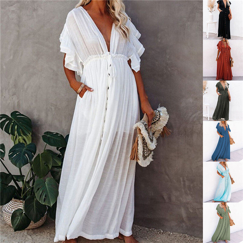 Pick me up ShopWoman Bohemian Boho Fashion Elegant V Neck Bikini Cover-ups Long White Tunic Casual Summer BeachDress Elegant Women BeachWear Swim Suit Cover Up Loose Maxi Pregnant Maternity Dresses Pl