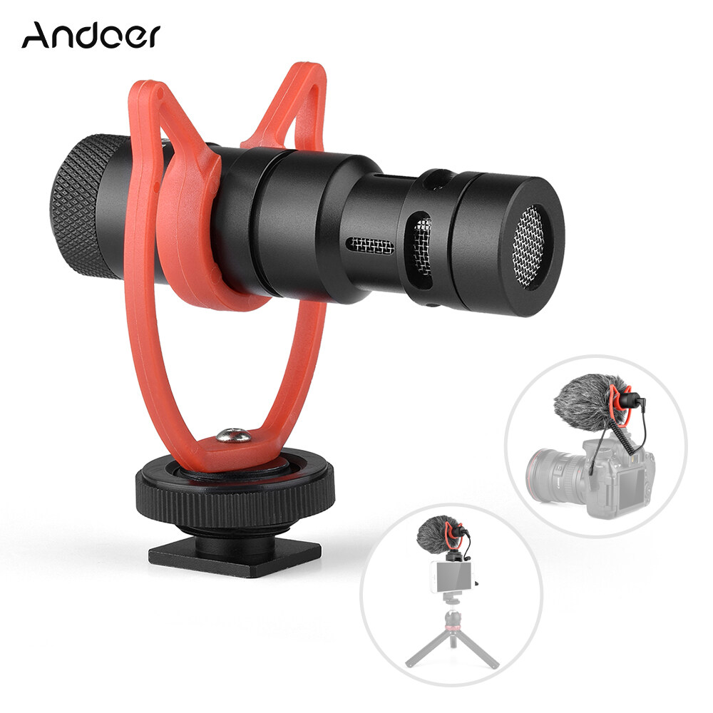 Andoer MIC10 Mini Microphone Plug-and-Play Mic 3.5mm Plug with Shock Mount Wind Screen for Smartphone DSLR Camera Video Recording Live Broadcast Online Singing Chatting