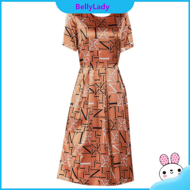 Women Ice Silk Dress Loose Slim Letter Print Round Neck Pullover High Waist A-line Skirt Mid-length Skirt Short Sleeve Dress