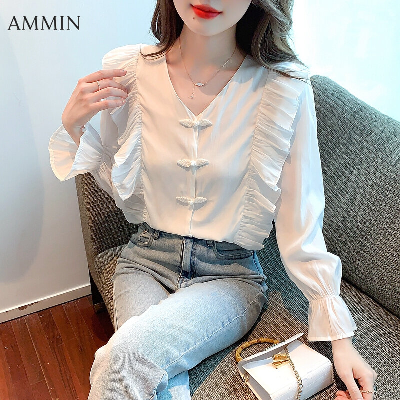 AMMIN 2022 Autumn new sweet chic high-grade white chiffon shirt Korean-style fashion temperament V-neck ruffle lantern sleeve chiffon top For women