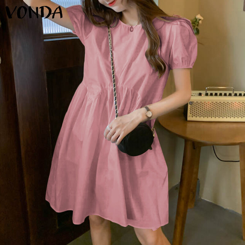 (Korean Causal) VONDA Womens Puff Sleeve Shirt Dress Holiday Casual Sundress Retro Solid Long Tops