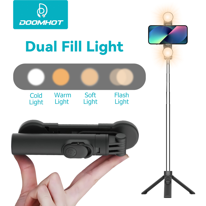 DoomHot 3in1 Selfie Stick Tripod Mini Wireless Bluetooth Selfie Stick with 4 Colors LED Fill Light Mobile Live Foldable Tripods Bluetooth Remote Control Stainless Steel Stabilized Selfie Stick Portabl