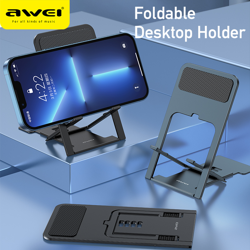 Awei X28 Portable Foldable Phone Holder Smart mobiles Tablet Multiple Anti-Skid Design Desktop Universal Ultra-thin Stand Non-slip Holder with 4 Gear Angle Adjustment Phone Stand For Smart Phone Ipad 
