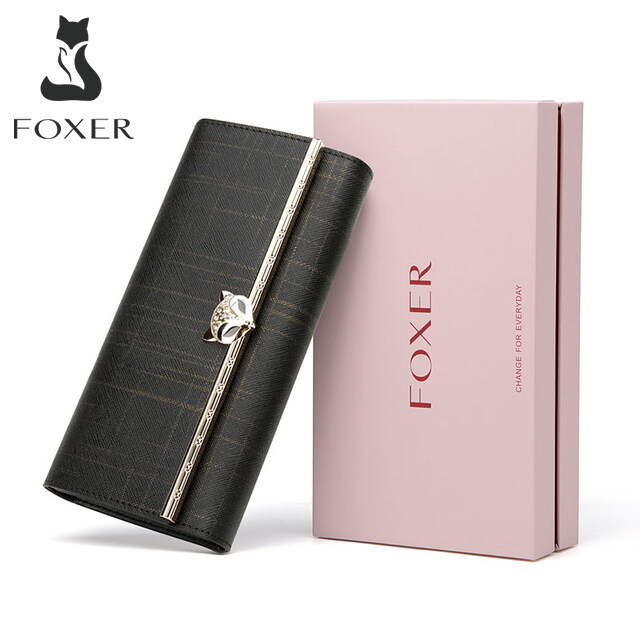 FOXER Brand Women's Split Leather Long Wallet Lady Luxury Clutch Bag Coin Bag Female Fashion Credit Card Holder for Women