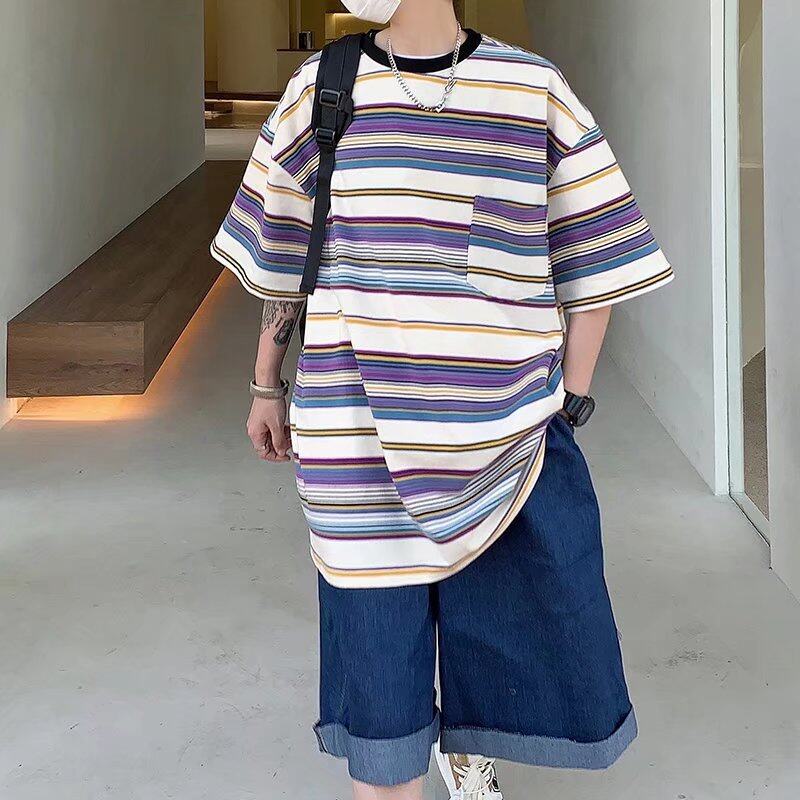 t shirt Men Korean Street Style Oversize Short Sleeve Fashion Tops Casual Stripe Print t-shirt