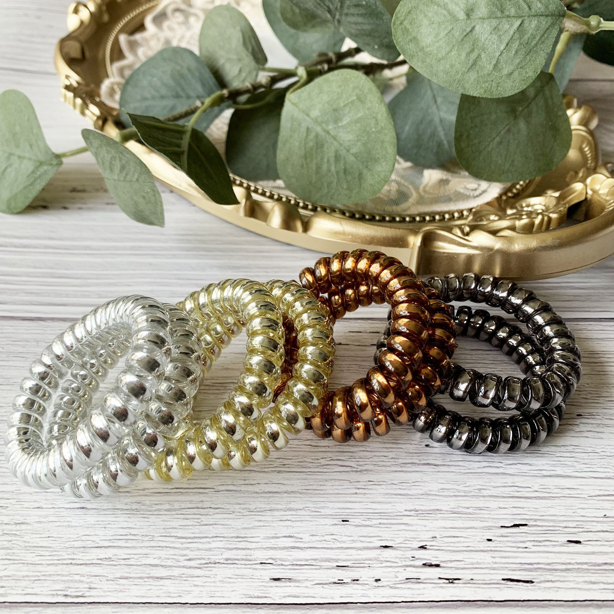 [SG Metallic Light] 4pc set 5cm Metallic Big Coil Hair Ties, Traceless Hair Ties, Phone Cord Hair Ties Multicolor Large Spiral Hair Ties, Mega Hair Coil Set for Thick, Curly and Long Hair, Dent, Creas