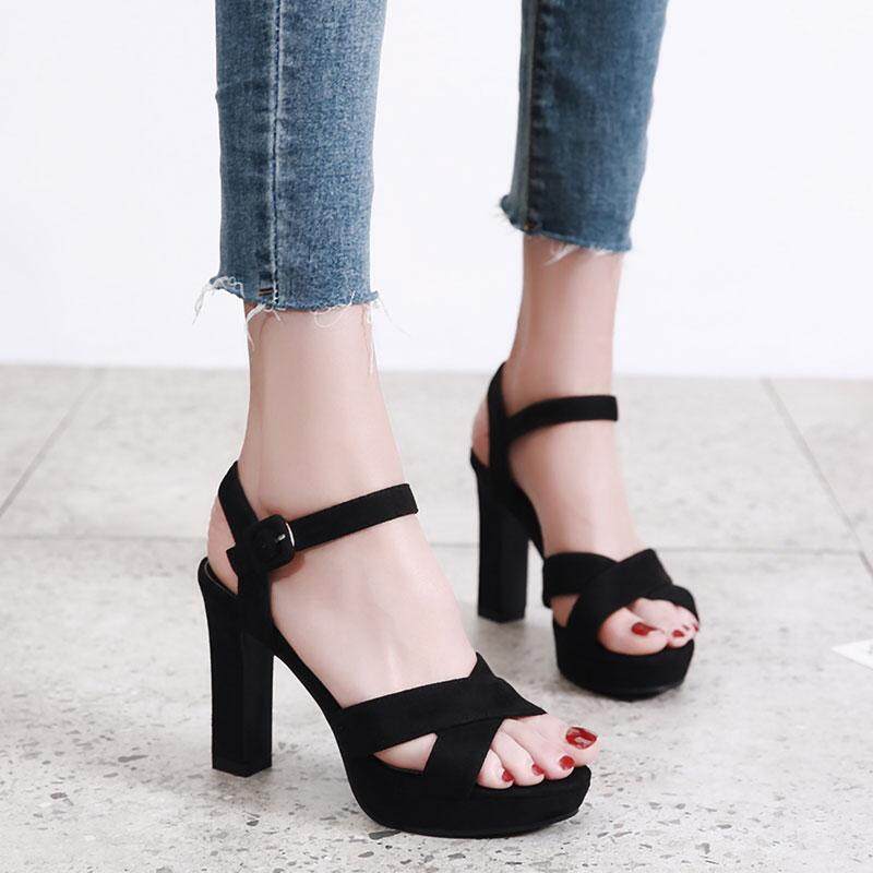 2020 New Style Versatile A- line Belted Open Toe Sandals Female Block Heel Black Korean Style Waterproof Platform 10CM High Heel Shoes Summer
