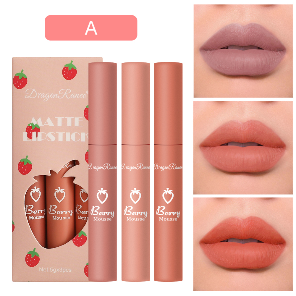 C&M DRAGON RANEE 3pcs Strawberry Lipstick Set Matte Velvet Lip Glaze Set Waterproof Long Lasting Non-fading Non-stick Cup Liquid Lipstick