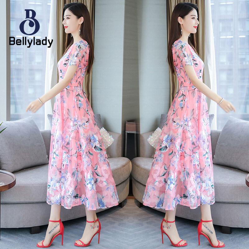 Women Summer Short Sleeve Flower Pattern Casual Long Dress