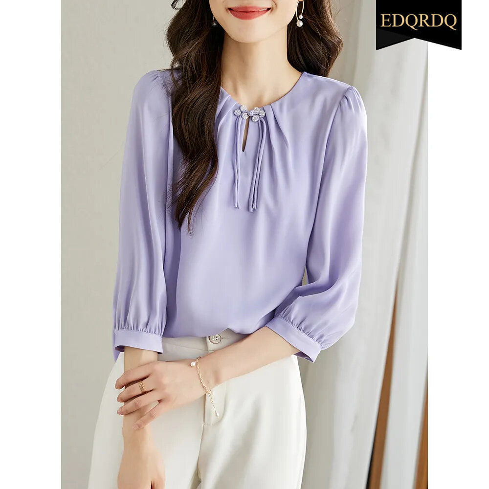 EDQRDQ Elegant 3/4 Sleeve Tops Chinese Style Strappy O Neck Blouses for Women