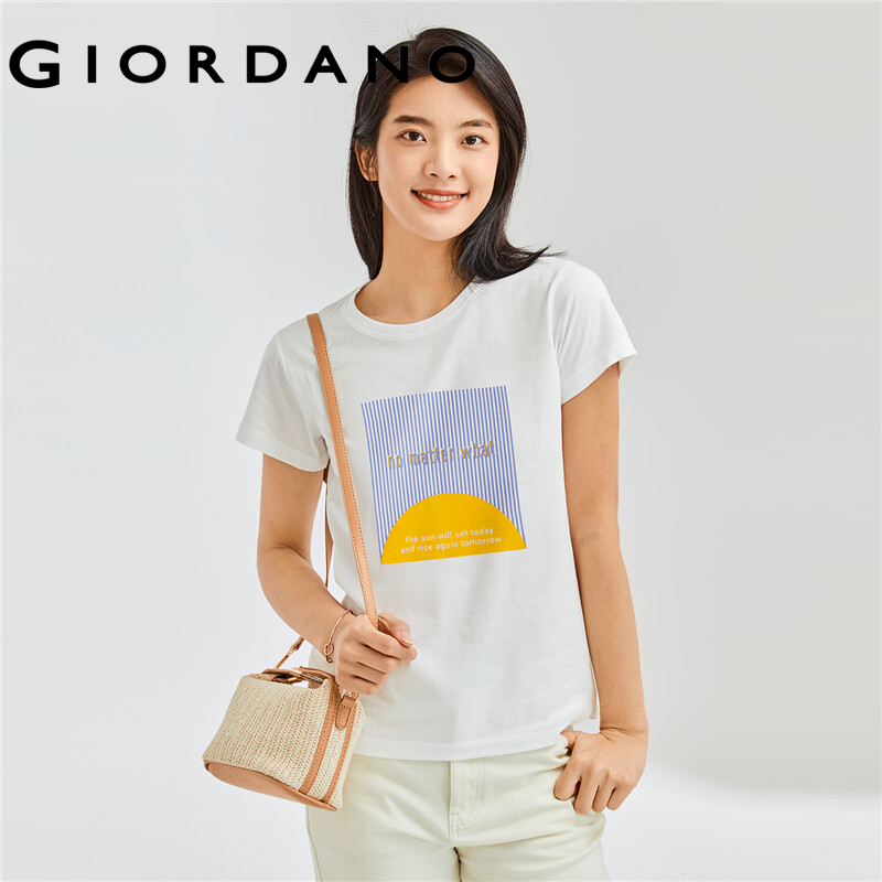GIORDANO Women T-Shirts 100% Cotton Summer Short Sleeve T-Shirts Letter Print Crewneck Casual Relaxed Simple Basic Tee 05392213