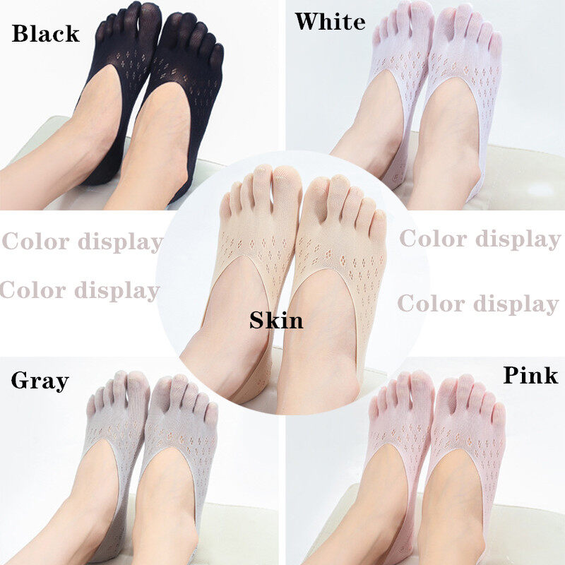 5 Pairs Summer Five Finger Socks Women's Silk Thin Yoga Sock Woman Solid color Velvet Mesh Shallow Mouth Boat Socks Ladies Anti-dropping Running Invisible Five Toes Socks