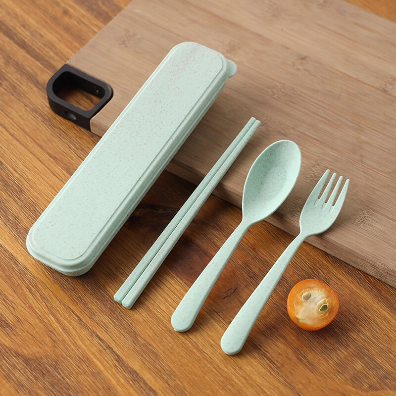 Environmental Portable Reusable Spoon Fork Travel Picnic Chopsticks Wheat Straw Tableware Cutlery Set With Carrying Box