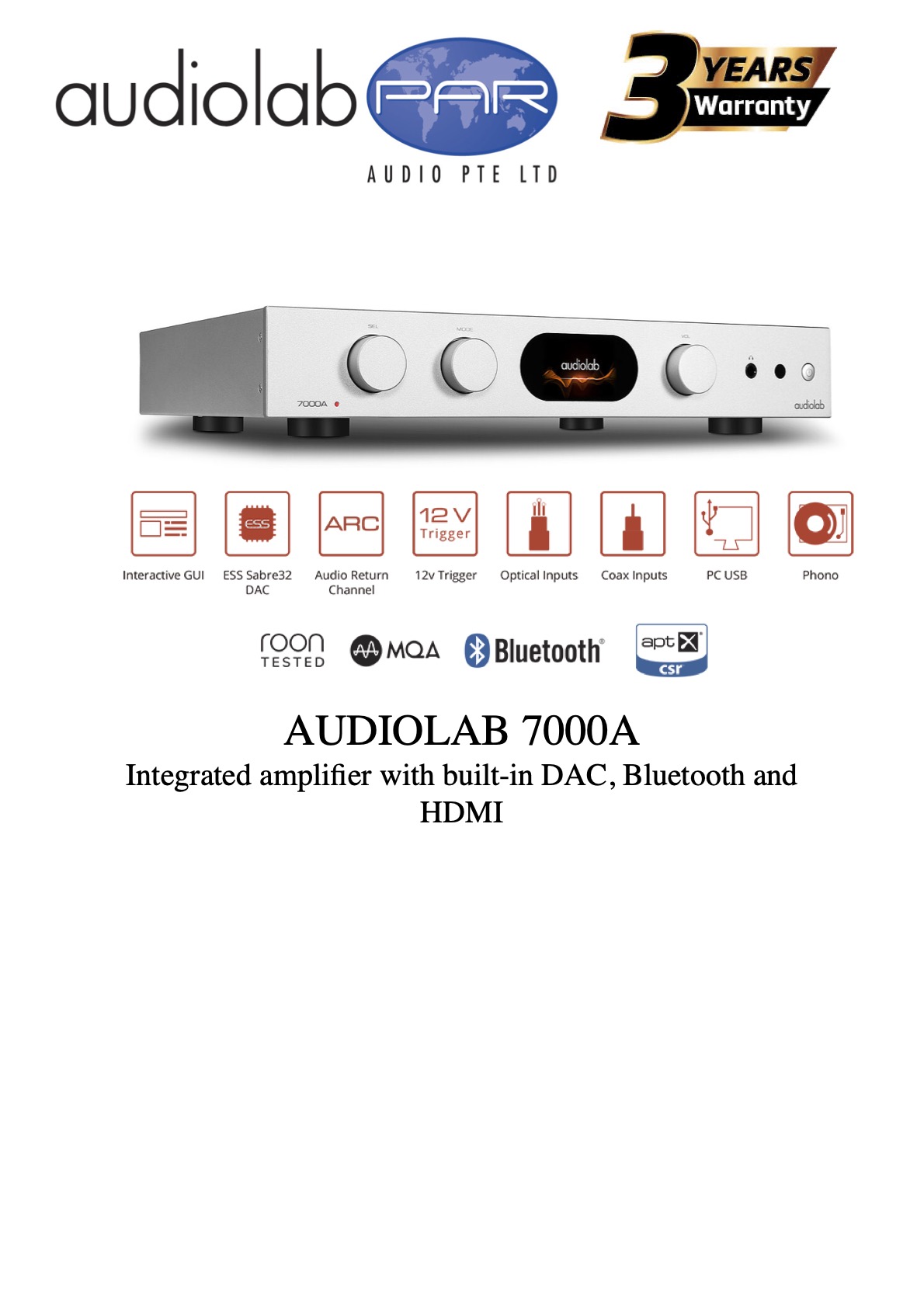 AUDIOLAB 7000A (SILVER) 3 YEARS WARRANTY, INTEGRATED AMPLIFIER WITH BUILT-IN BLUETOOTH, DAC, HDMI AND ROON TESTED