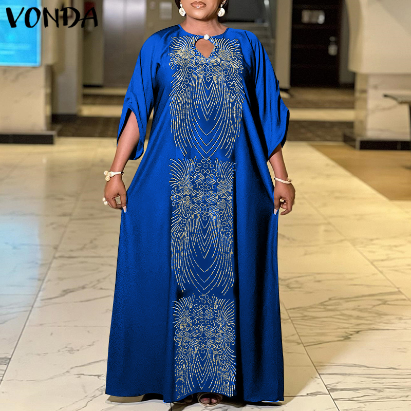 VONDA Womens Floral Printed Maxi Dress 3/4 Sleeve Ethnic Party Long Dress (Plus Size)