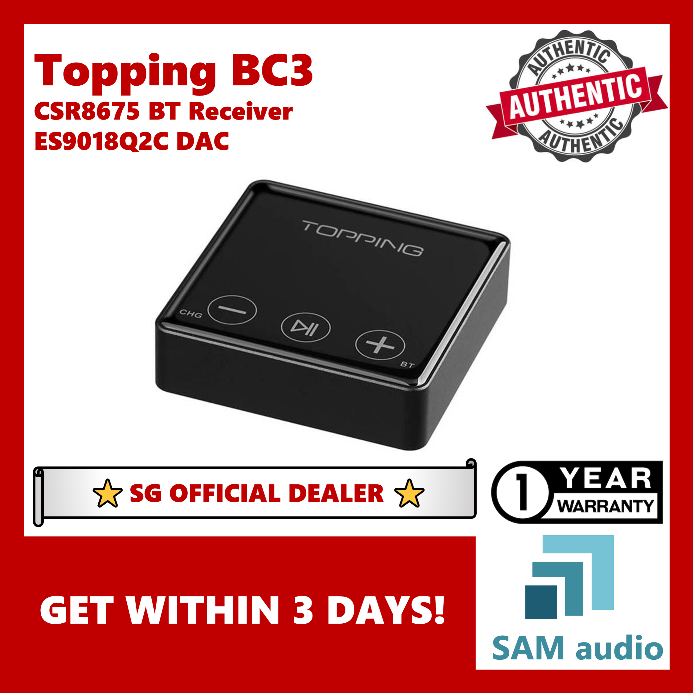 [?SG] Topping BC3, ES9018Q2C DAC, Wireless Bluetooth Hi-Res, Aptx HD + LDAC, BT Receiver / DAC, Hifi Audio