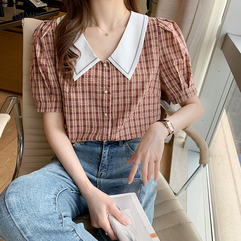 AMMIN Sweet and elegant cardigan blouse 2021 summer new French style pointed collar lapel puff sleeve short-sleeved Japanese check chiffon shirt tops